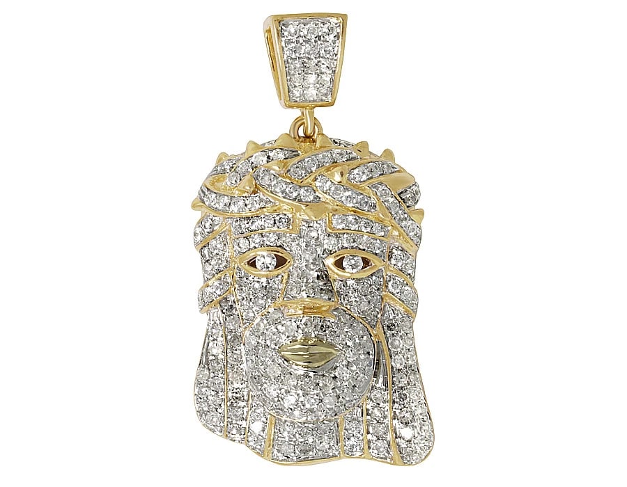 10K YELLOW GOLD JESUS FACE HEAD PIECE DIAMOND PENDANT: 10K Yellow Gold Jesus Face Head Piece Diamond Pendant Brand: None Type/Style: Material: 10k Yellow Gold, Main Stone/Creation Natural Color: Yellow Gold Size: Dimension 34mm x 18mm Accessories: None