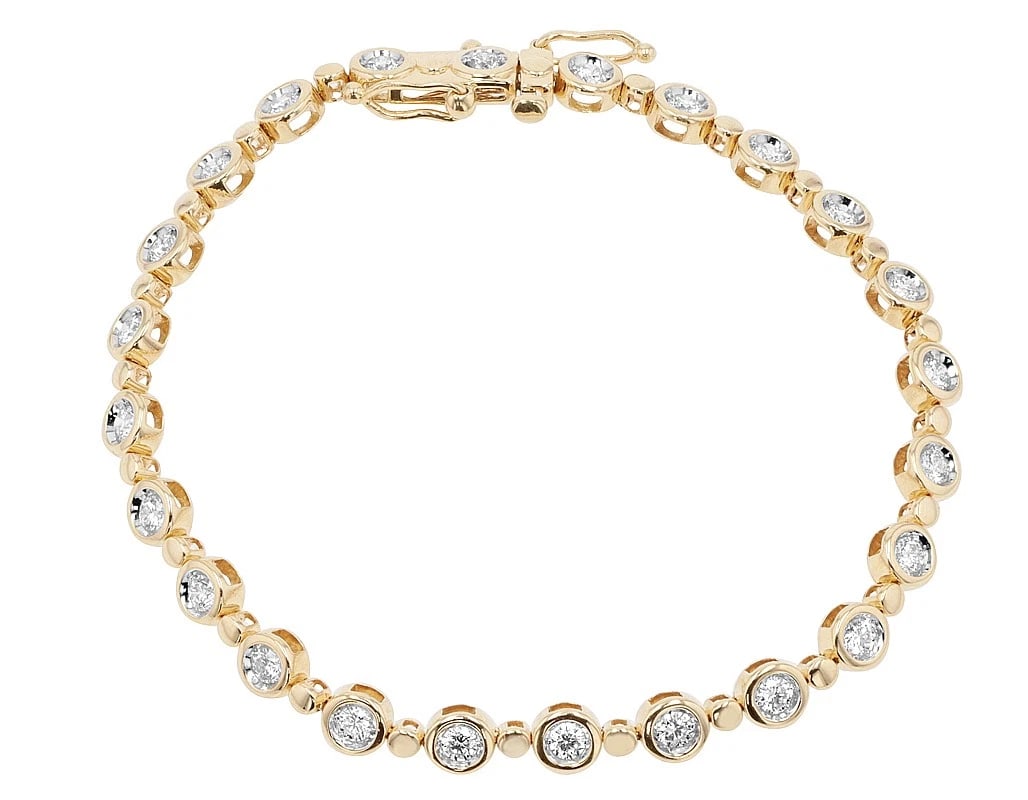 BEZEL-SET DIAMOND TENNIS BRACELET 14K YELLOW GOLD: Bezel-Set Diamond Tennis Bracelet 14K Yellow Gold Brand: None Type/Style: Bracelet Material: 14K Yellow Gold, Main Stone/Creation Natural Color: Yellow Gold Size: Dimension Length 7" ,Width 4.9 MM