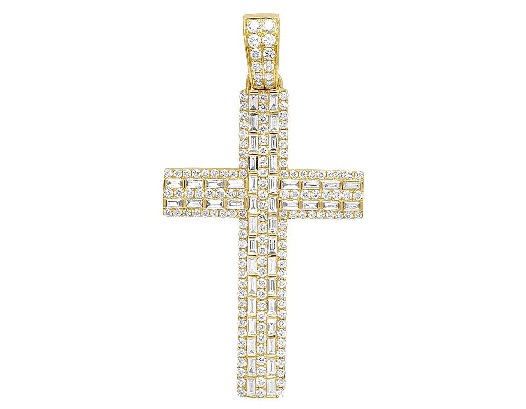 14K YELLOW GOLD DIAMOND BAGUETTE CROSS PENDANT: 14K Yellow Gold Diamond Baguette Cross Pendant Brand: None Type/Style: Necklace Material: 14K Yellow Gold, Main Stone/Creation Natural Color: Yellow Gold Size: Dimension 2.5" Accessories: None