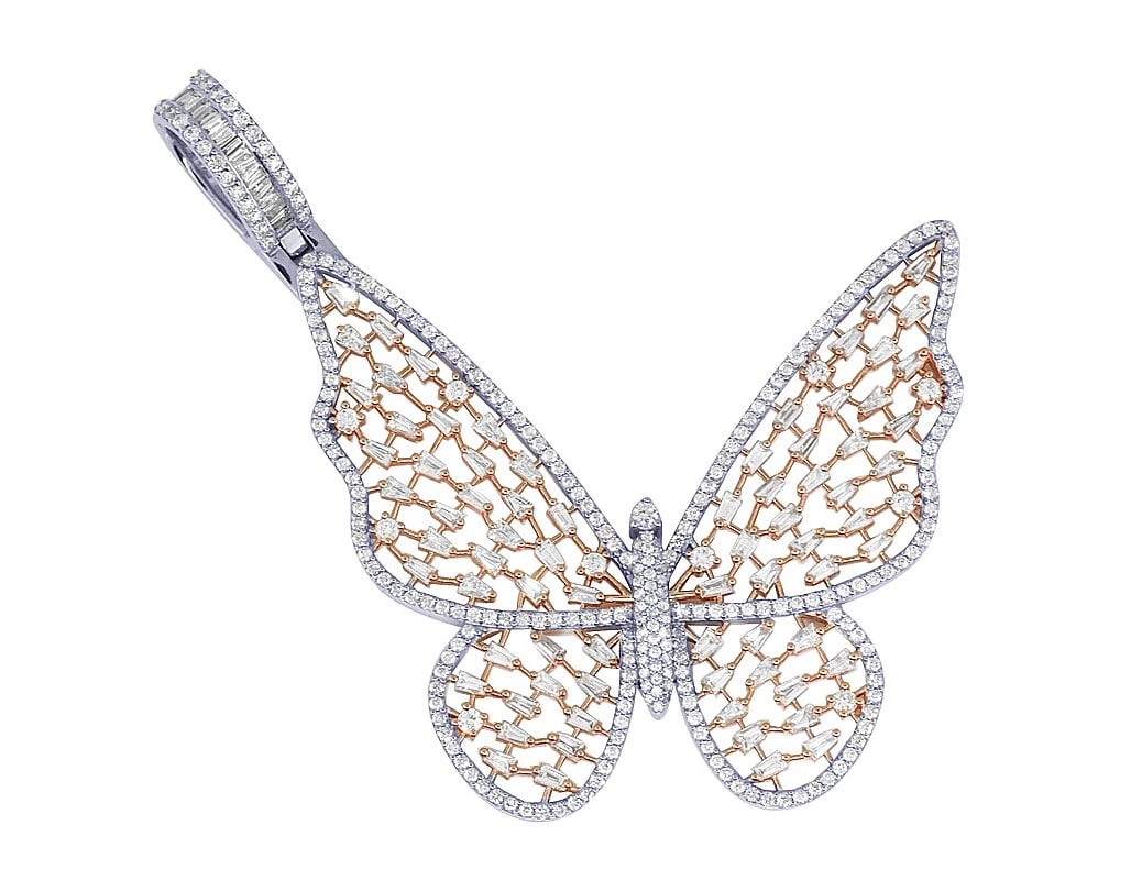 BUTTERFLY BAGUETTE DIAMONDS ROSE-WHITE GOLD 10K PENDANT: Butterfly Baguette Diamonds Rose-White Gold 10K Pendant Brand: None Type/Style: Necklace Material: 10KRose-White Gold, Main Stone/Creation Natural Color: Rose-White Gold Size: Dimension 3"