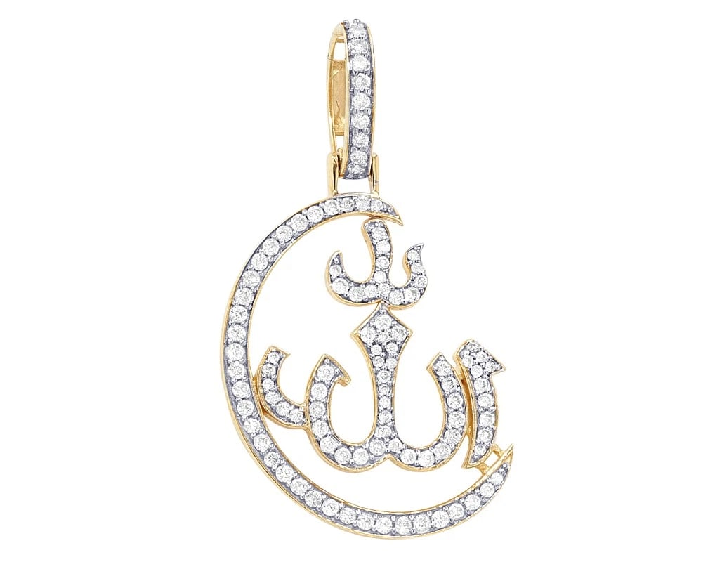 ALLAH DIAMOND ARABIC PENDANT 10K YELLOW GOLD: Allah Diamond Arabic Pendant 10K Yellow Gold Brand: None Type/Style: Pendant Material: 14K Yellow Gold, Main Stone/Creation Natural Color: Yellow Gold Size: Dimension L 1.4" , W 0.8" , H 0.1" Acce