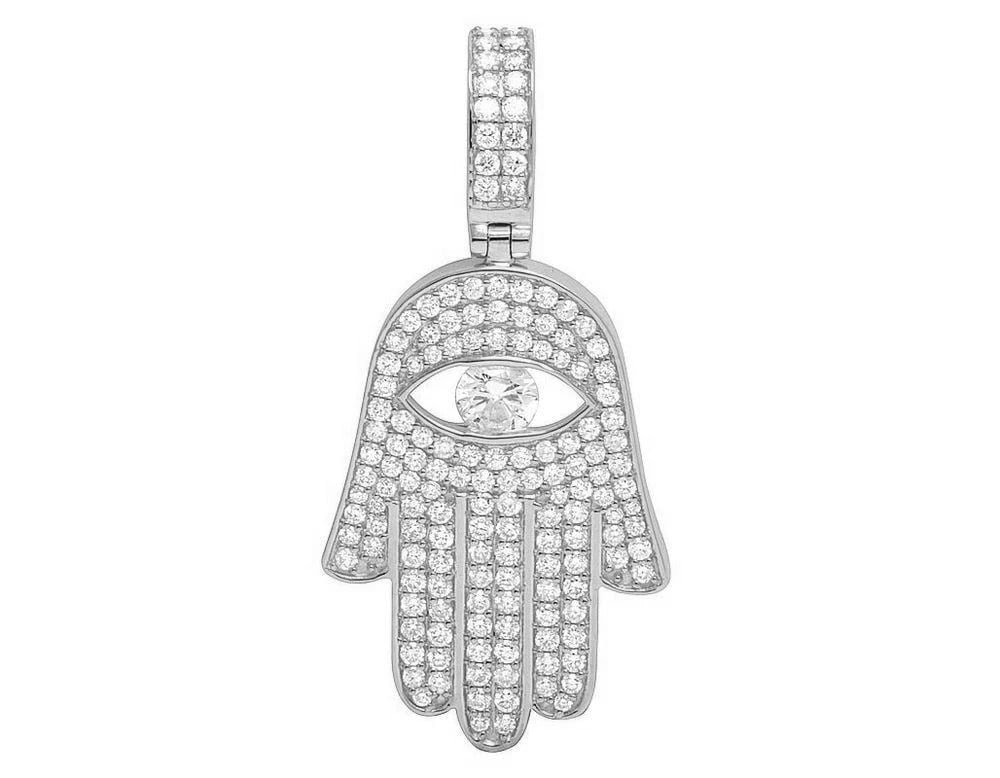 14K WHITE GOLD DIAMOND SOLITAIRE EVIL EYE HAMSA HAND PENDANT (1 of 4)
