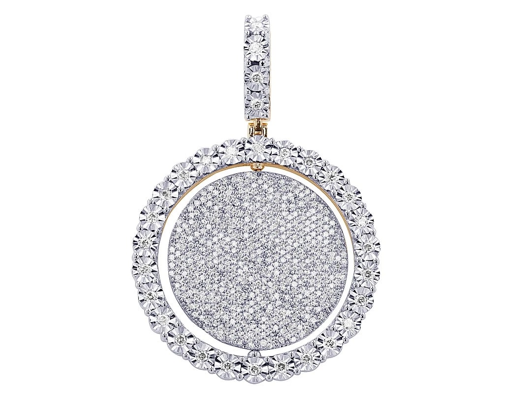 ROTATING ILLUSION DIAMOND MEMORY PENDANT: Rotating Illusion Diamond Memory Pendant Brand: None Type/Style: Pendant Material: 10K Yellow-White Gold Color: Yellow-White Gold Size: Dimension Diameter 33.3 Bale 14MM Accessories: None