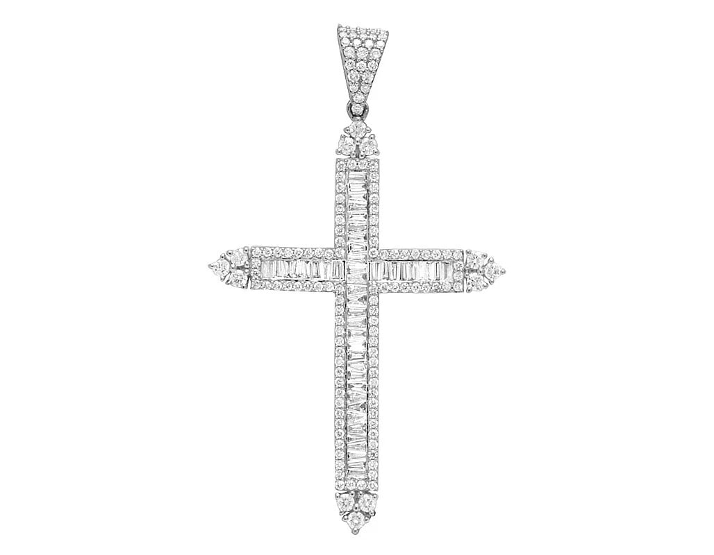 MENS BAGUETTE DIAMONDS LATIN CROSS PENDANT: Mens Baguette Diamonds Latin Cross Pendant Brand: None Type/Style: Necklace Material: 10K White Gold, Main Stone/Creation Natural Color: White Gold Size: Dimension 2.5" Accessories: None A