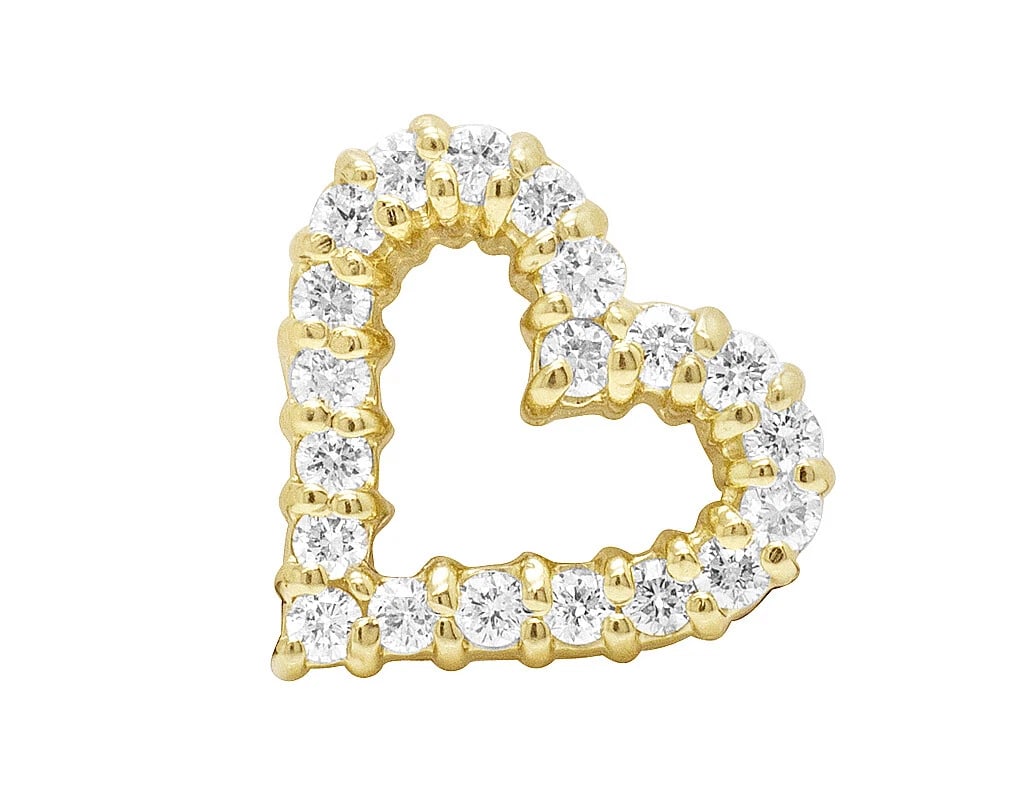 14K YELLOW GOLD ONE ROW DIAMONDS HEART PENDANT: 14K Yellow Gold One Row Diamonds Heart Pendant Brand: None Type/Style: Necklace Material: 14K Yellow Gold, Main Stone/Creation Natural Color: Yellow Gold Size: Dimension 0.5" Accessories: None