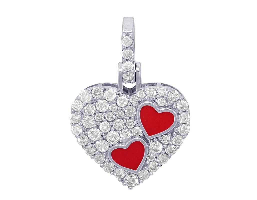 HEART DIAMOND WITH RED ENAMEL HEARTS PENDANT: Heart Diamond with Red Enamel Hearts Pendant Brand: None Type/Style: Pendant Material: 10K White Gold, Main Stone/Creation Natural Color: White Gold Size: Dimension L 0.8" , W 0.6" Accessories: No