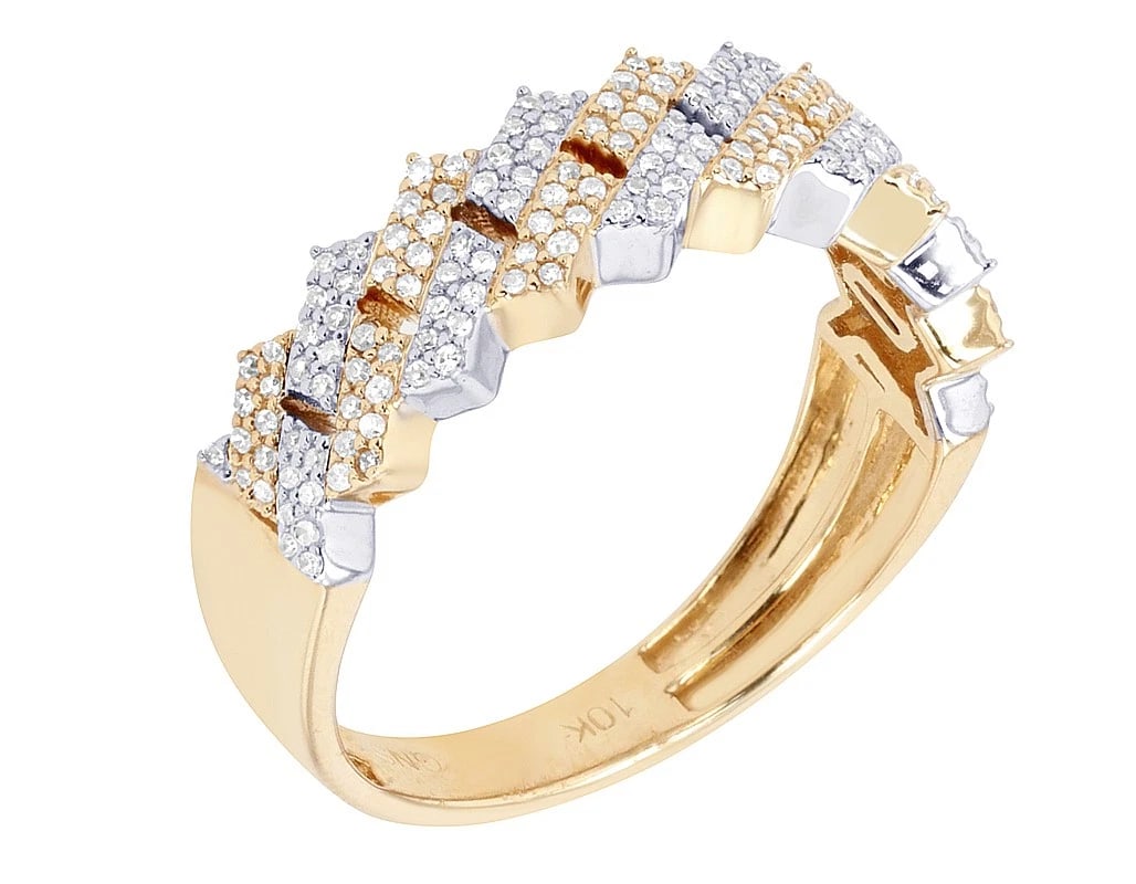 CHEVRON CLUSTER DIAMOND BAND RING 10K YELLOW GOLD: Chevron Cluster Diamond Band Ring 10K Yellow Gold Brand: None Type/Style: Ring Material: 10k Yellow Gold, Main Stone/Creation Natural Color: Yellow Gold Size: 7US Accessories: None Accesso