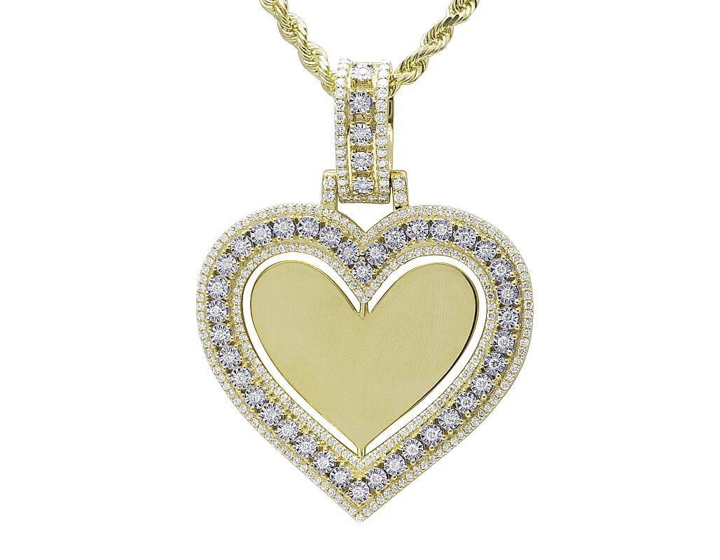 HEART-SHAPED SWIVEL MEMORY FRAME PENDANT DIAMOND: Heart-Shaped Swivel Memory Frame Pendant Diamond Brand: None Type/Style: Necklace Material: 10k Yellow Gold, Main Stone/Creation Natural Color: Yellow Gold Size: Dimension 2" Accessories: None