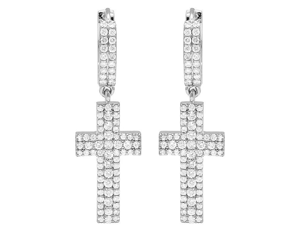 10K WHITE GOLD DIAMOND HOOP CROSS DANGLE EARRING: 10K White Gold Diamond Hoop Cross Dangle Earring Brand: None Type/Style: Earrings Material: 10k Yellow Gold, Main Stone/Creation Natural Color: White Gold Size: Dimension 35mm Accessories: None