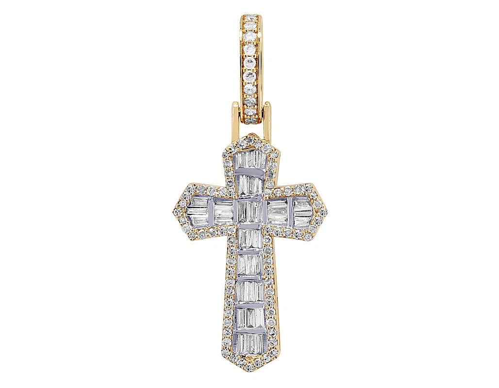 CHANNEL BAGUETTE DIAMOND CROSS PENDANT 10K: Channel Baguette Diamond Cross Pendant 10K Brand: None Type/Style: Pendant Material: 10K Yellow-White Gold, Main Stone/Creation Natural Color: Yellow-White Gold Size: Dimension L 1.4" , W 0.6" , H