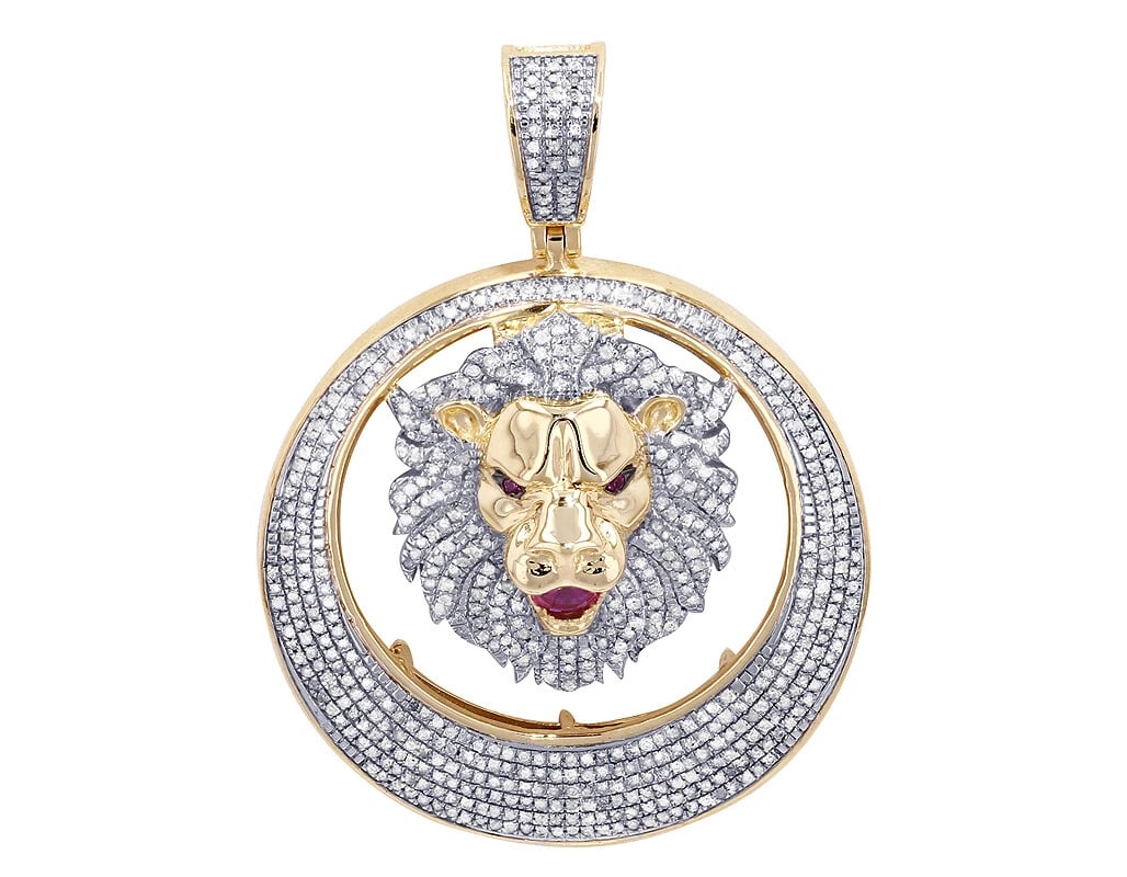 LION 3D MEDALLION DIAMOND PENDANT: Lion 3D Medallion Diamond Pendant Brand: None Type/Style: Pendant Material: 10K Yellow-White Gold, Main Stone/Creation Natural Color: Yellow-White Gold Size: Dimension 1.8" Accessories: None <