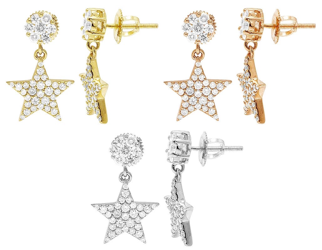 FLOWER CLUSTER DIAMOND STAR DANGLE EARRINGS 10K GOLD: Flower Cluster Diamond Star Dangle Earrings 10K Gold Brand: None Type/Style: Earrings Material: 10kGold, Main Stone/Creation Natural Color: Size: Dimension 20MM Accessories: None Accessori