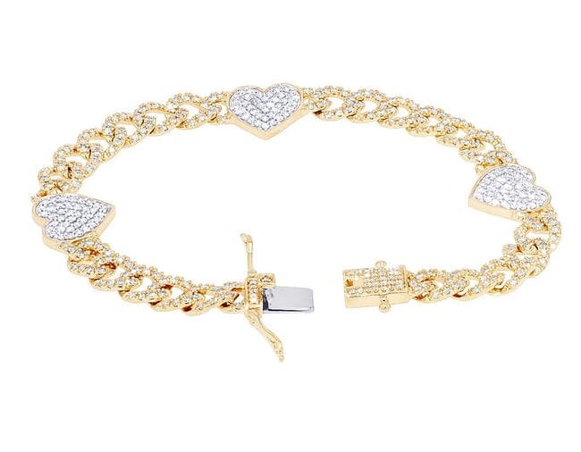 CUBAN HEART DIAMOND BRACELET 10K GOLD: Cuban Heart Diamond Bracelet 10k Gold Brand: None Type/Style: Bracelet Material: 10kGold, Main Stone/Creation Natural Color: Gold Size: Dimension 7" x 9mm Accessories: None Accessories Notice: When