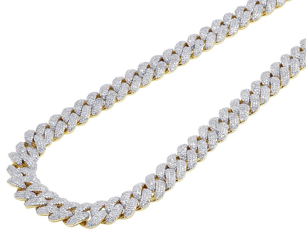 ICED OUT DIAMOND MIAMI CUBAN CHAIN SINGLE ROW YELLOW GOL: Iced Out Diamond Miami Cuban Chain Single Row Yellow Gol Brand: None Type/Style: Necklace Material: 10kGold, Main Stone/Creation Natural Color: Gold Size: Length 21 inWidth 10mm Accessories: None