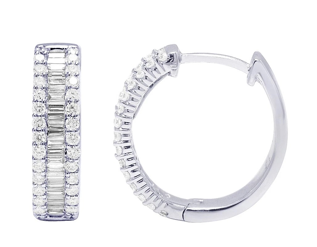 14K WHITE GOLD BAGUETTE 3 ROW DIAMOND HOOP EARRINGS: 14K White Gold Baguette 3 row Diamond Hoop Earrings Brand: None Type/Style: Earrings Material: 14K White Gold, Main Stone/Creation Natural Color: White Gold Size: Dimension 17MM Accessories: None