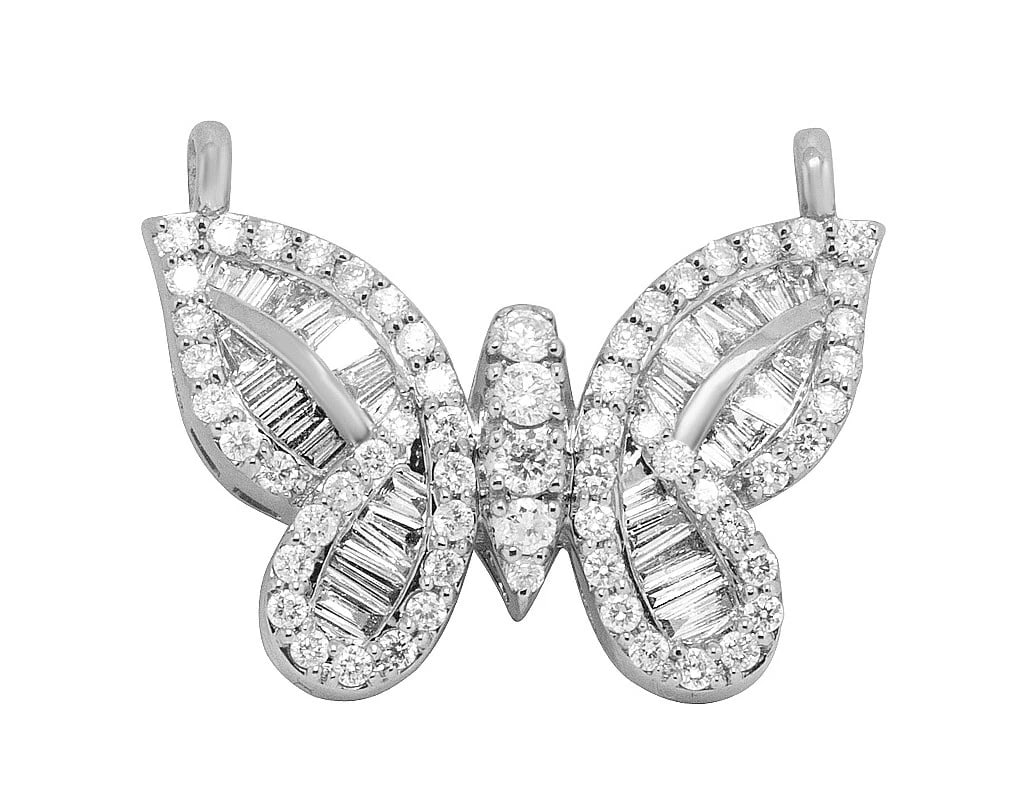 BUTTERFLY BAGUETTE DIAMOND PENDANT 10K WHITE GOLD: Butterfly Baguette Diamond Pendant 10K White Gold Brand: None Type/Style: Pendant Material: 10K White Gold, Main Stone/Creation Natural Color: White Gold Size: Dimension 1"W 0.6"L Accessories: Non