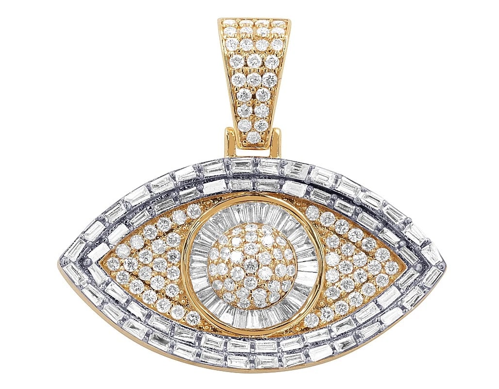 10K YELLOW-WHITE GOLD EVIL EYE BOLD FRAME DIAMOND PENDANT: 10K Yellow-White Gold Evil Eye Bold Frame Diamond Pendant Brand: None Type/Style: Pendant Material: 10K Yellow-White Gold, Main Stone/Creation Natural Earth Mined Diamonds Color: None Size: Dimension 