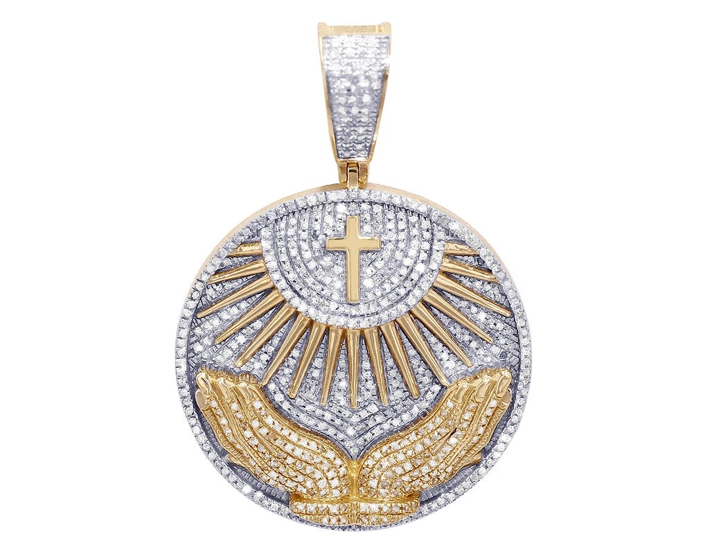 UNISEX PRAYING HANDS AND CROSS MEDALLION DIAMOND PENDANT: Unisex Praying Hands And Cross Medallion Diamond Pendant Brand: None Type/Style: Pendant Material: 10K Yellow Gold, Main Stone/Creation Natural Color: Yellow Gold Size: Dimension L 1.8" x W 1.8" x H 5