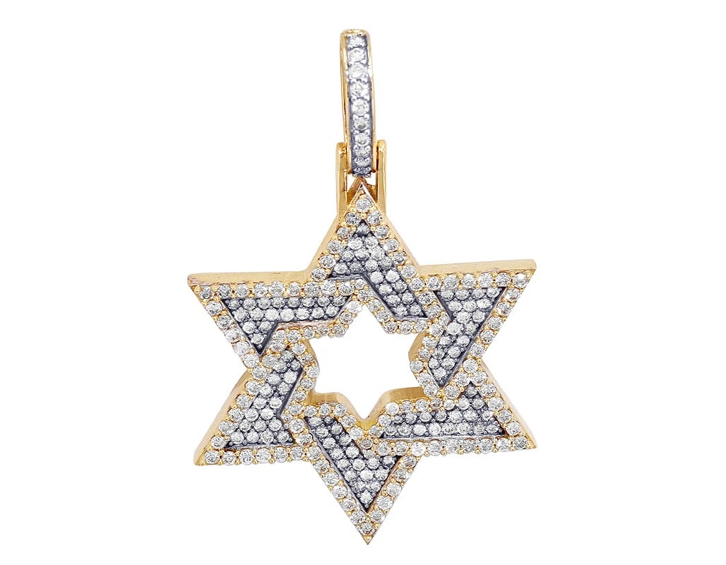 STAR OF DAVID DIAMOND PENDANT 10K YELLOW GOLD: Star Of David Diamond Pendant 10k Yellow Gold Brand: None Type/Style: Pendant Material: 10K Yellow Gold, Main Stone/Creation Natural Color: Yellow Gold Size: Dimension 1.5" Accessories: None <