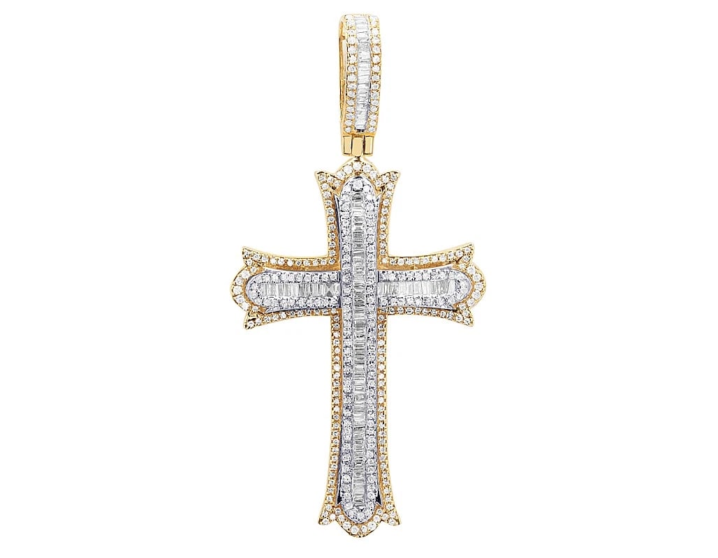 BAGUETTE DIAMONDS CROSS PENDANT 10K YELLOW GOLD: Baguette Diamonds Cross Pendant 10K Yellow Gold Brand: None Type/Style: Pendant Material: 10K Yellow Gold Color: Yellow Gold Size: Dimension L 2.6", W 31.3 MM Accessories: None Accessories