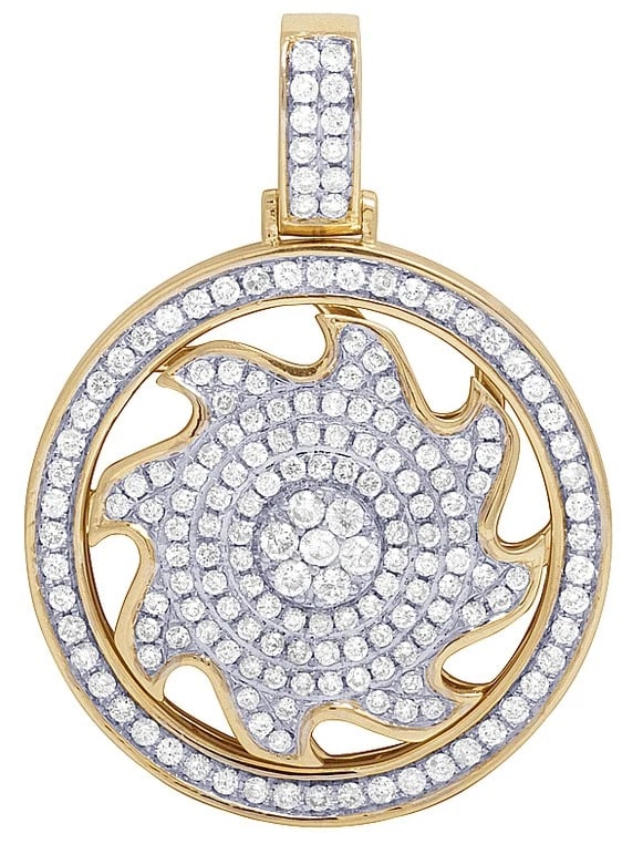 10K YELLOW GOLD MEDALLION GENUINE DIAMOND ROLLING PENDANT: 10K Yellow Gold Medallion Genuine Diamond Rolling Pendant Brand: None Type/Style: Pendant Material: 10K Yellow Gold, Main Stone/Creation Natural Color: Yellow Gold Size: Dimension 1" Accessories: