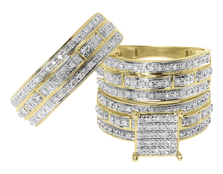 ROUND DIAMOND SCALLOP DESIGNER WEDDING TRIO RING SET: Round Diamond Scallop Designer Wedding Trio Ring Set Brand: None Type/Style: Ring Material: 10kYellow Gold, Main Stone/Creation Natural Color: Yellow Gold Size: 7US Accessories: None Accessories