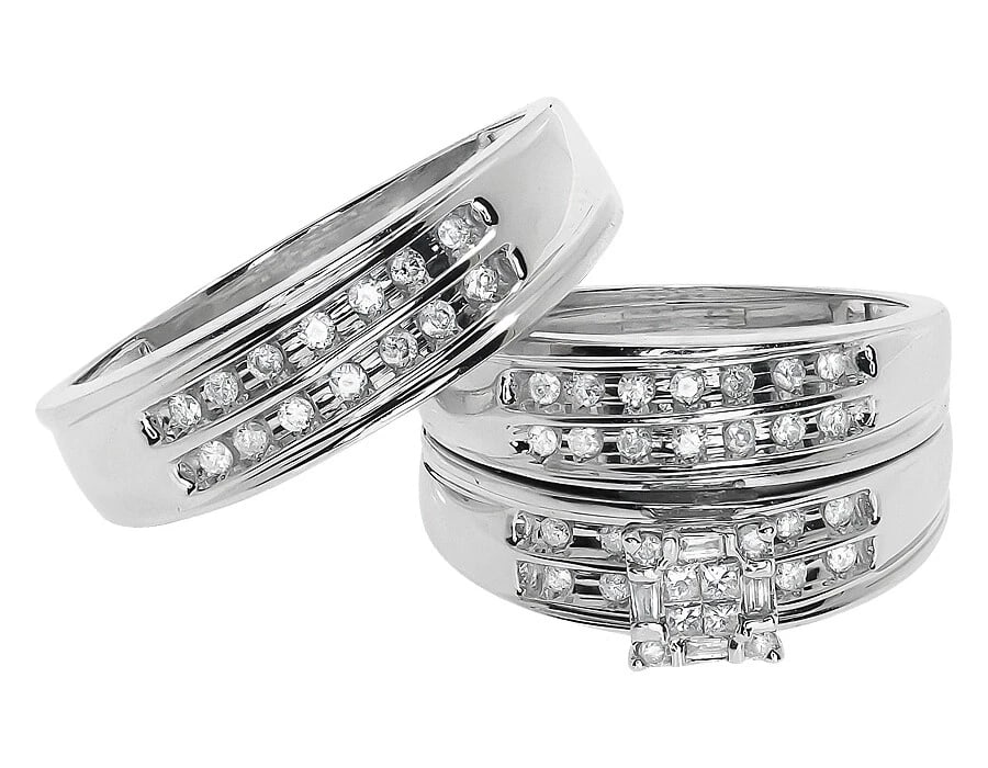 14K WHITE GOLD MENS ROUND PRINCESS DIAMOND WEDDING TRIO RING SET: 14K White Gold Mens Round Princess Diamond Wedding Trio Ring Set Brand: None Type/Style: Ring Material: 14K White Gold, Main Stone/Creation Natural Color: White Gold Size: 7US Accessories: None