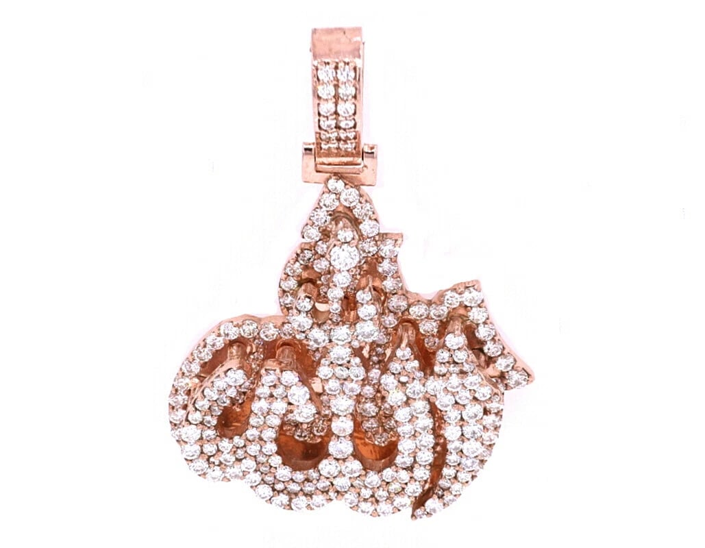 ALLAH DIAMOND PENDANT ROSE GOLD: ALLAH Diamond Pendant Rose Gold Brand: None Type/Style: Necklace Material: , Main Stone/Creation Natural Color: Rose Gold Size: Dimension 1.8" Accessories: None Accessories Notice: When purchasing