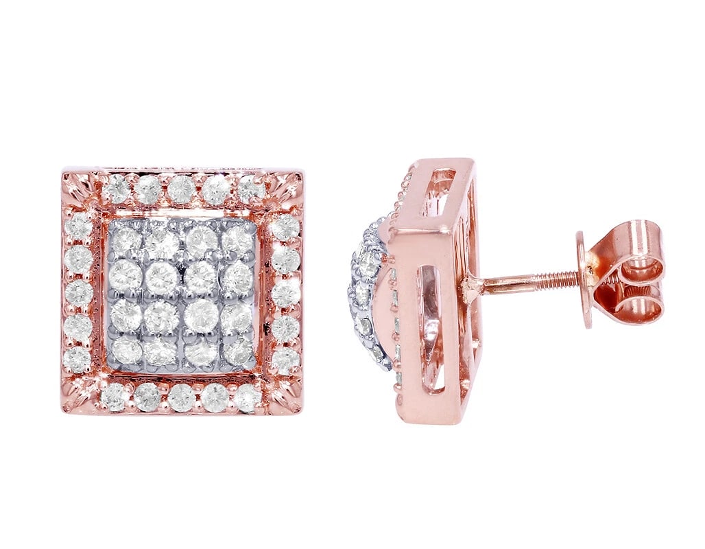 SQUARE HALO CLUSTER DIAMOND STUD EARRINGS: Square Halo Cluster Diamond Stud Earrings Brand: None Type/Style: Earrings Material: 10K Rose-White Gold, Main Stone/Creation NATURAL Color: RG,WG Size: Dimension 12MM Accessories: None Ac