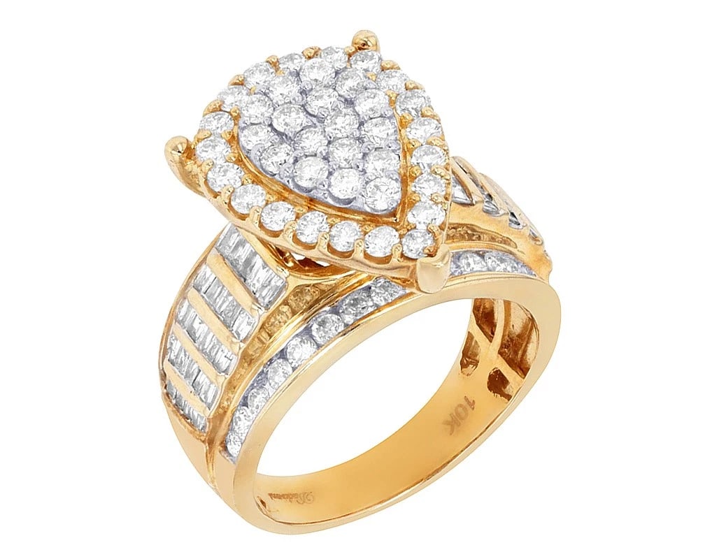 PEAR CLUSTER DIAMOND BAGUETTE ENGAGEMENT/WEDDING RING: Pear Cluster Diamond Baguette Engagement/Wedding Ring Brand: None Type/Style: Ring Material: 10K Y, Main Stone/Creation NATURAL Color: YELLOW Size: 7US Accessories: None Accessories Notice