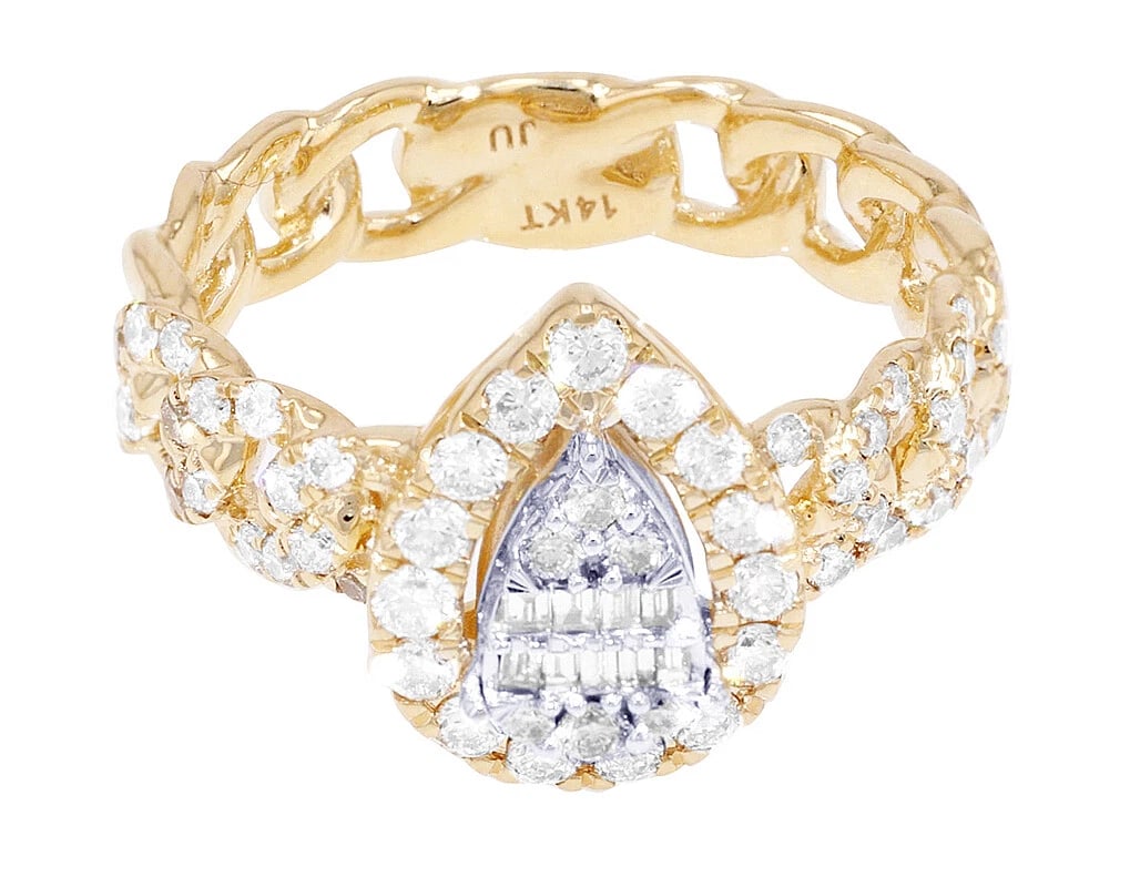 CUBAN TEAR DROP DIAMOND ENGAGEMENT RING: Cuban Tear Drop Diamond Engagement Ring Brand: None Type/Style: Ring Material: 10K Yellow-White Gold, Main Stone/Creation Natural Color: Yellow-White Gold Size: 7 US Accessories: None Acces