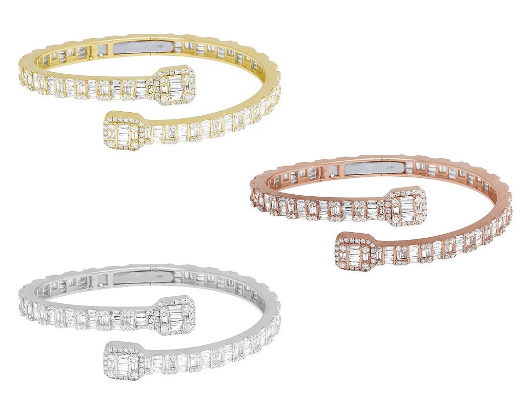 BAGUETTE SQUARE CLUSTER DIAMOND BANGLE BRACELET GOLD: Baguette Square Cluster Diamond Bangle Bracelet Gold Brand: None Type/Style: Bracelet Material: 14kMulti-Tone Gold, Main Stone/Creation Natural Color: Multi-Tone Gold Size: Dimension L 7" x W 5mm