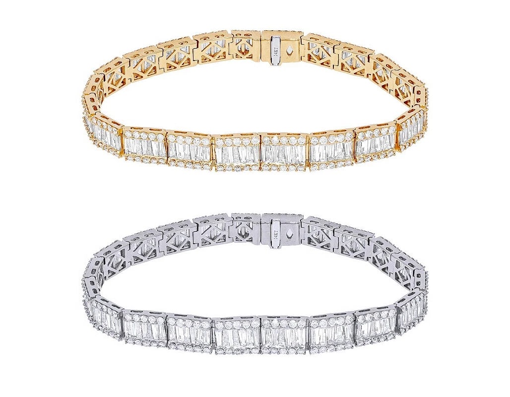 BAGUETTE DIAMOND TENNIS BRACELET GOLD: Baguette Diamond Tennis Bracelet Gold Brand: None Type/Style: Bracelet Material: 18kYellow Gold White Gold, Main Stone/Creation Natural Color: Yellow Gold, White Gold Size: Dimension L 7" x W 8mm