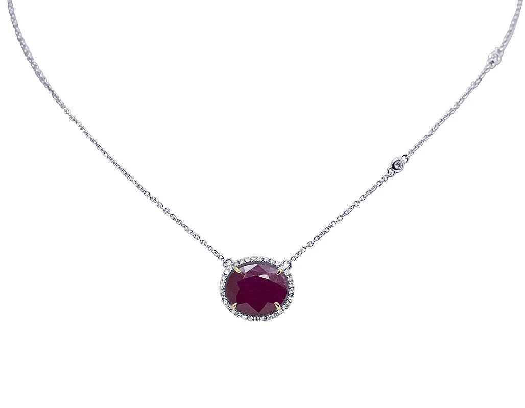 14K WHITE GOLD DIAMOND RUBY PENDANT NECKLACE: 14K White Gold Diamond Ruby Pendant Necklace Brand: None Type/Style: Pendant Material: 10k Two-Tone Rose/White Gold, Main Stone/Creation Natural Color: Two-Tone Rose/White Gold Size: Dimension 2"