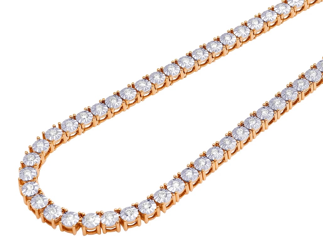 ILLUSION DIAMOND TENNIS CHAIN NECKLACE 10K ROSE GOLD: Illusion Diamond Tennis Chain Necklace 10K Rose Gold Brand: None Type/Style: Necklace Material: 10K Gold, Main Stone/Creation Natural Color: Gold Size: Width 5.5mmLength 22 Inches in Accessories: