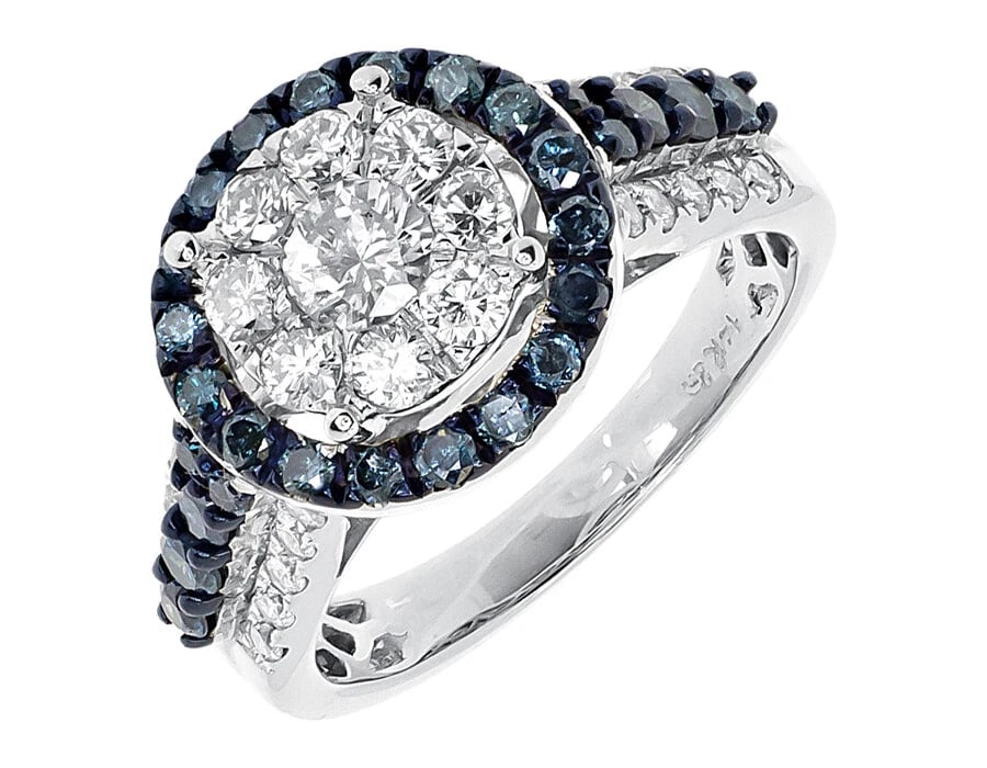 14K WHITE GOLD BLUE WHITE CLUSTER DIAMOND ENGAGEMENT FASHION RING: 14k White Gold Blue White Cluster Diamond Engagement Fashion Ring Brand: None Type/Style: Ring Material: 14K White Gold, Main Stone/Creation Natural Color: White Gold Size: 7US Accessories: None <