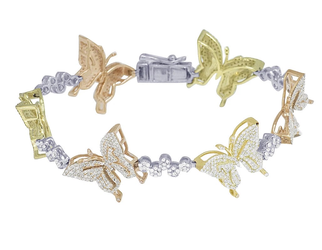 10K TRI COLOR DIAMOND BUTTERFLY BRACELET: 10K Tri Color Diamond Butterfly Bracelet Brand: Jewelry Hiphop Type/Style: Bracelet Material: 10K Tri Color Gold, Main Stone/Creation Natural Color: Tri Color Size: Dimension 10MM 7" Accessories: