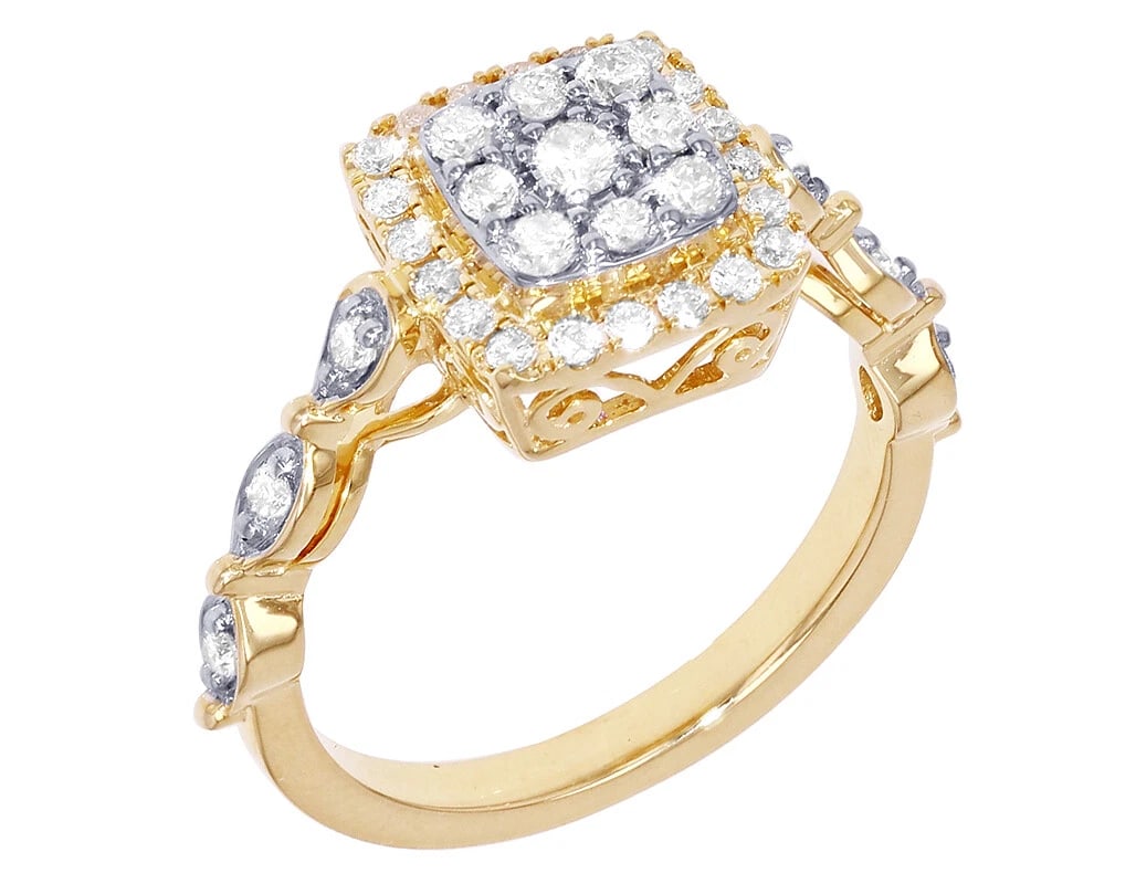 MARQUISE DIAMOND SQUARE HALO RING: Marquise Diamond Square Halo Ring Brand: None Type/Style: Ring Material: 10K Yellow-White Gold, Main Stone/Creation Natural Color: Yellow-White Gold Size: 7US Accessories: None Accessories Notice: