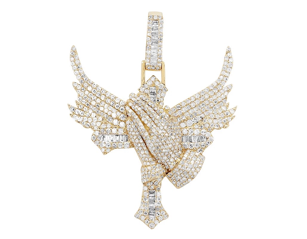 PRAYING HANDS BAGUETTE 1 9/10 CT DIAMONDS CROSS PENDANT: Praying Hands Baguette 1 9/10 CT Diamonds Cross Pendant Brand: None Type/Style: Pendant Material: 10k Yellow Gold, Main Stone/Creation Natural Color: Yellow Gold Size: Dimension L 1.7" , W 1.3" , H 0.