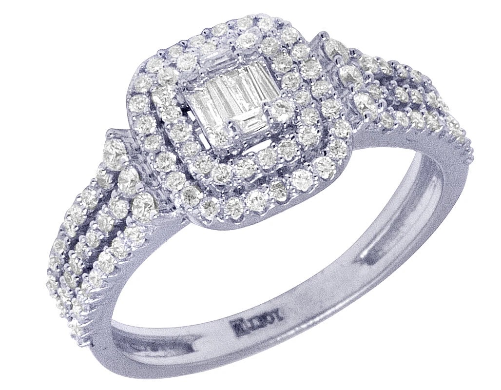 DOUBLE HALO WHITE GOLD BAGUETTE DIAMOND ENGAGEMENT RING: Double Halo White Gold Baguette Diamond Engagement Ring Brand: None Type/Style: Ring Material: 10K White Gold, Main Stone/Creation Natural Color: White Gold Size: 7US Accessories: None Acc