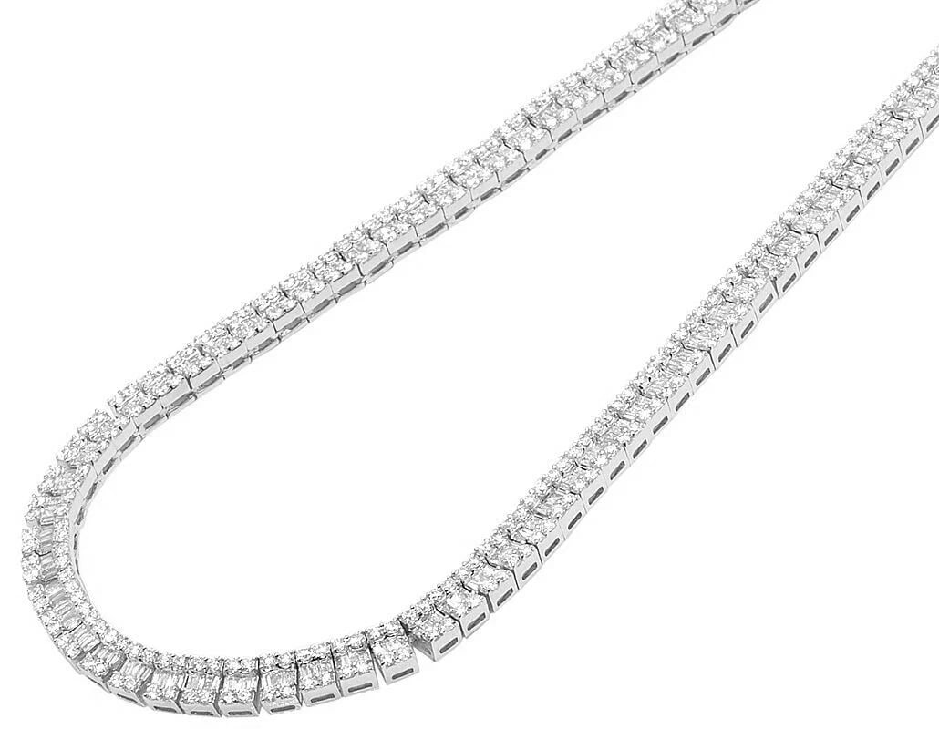 WHITE GOLD DIAMOND BAGUETTE INVISIBLE SET CHAIN NECKLACE: White Gold Diamond Baguette Invisible Set Chain Necklace Brand: None Type/Style: Material: 10K White Gold Color: White Gold Size: Width 6MMmm Length 21" in Accessories: None Accessories No