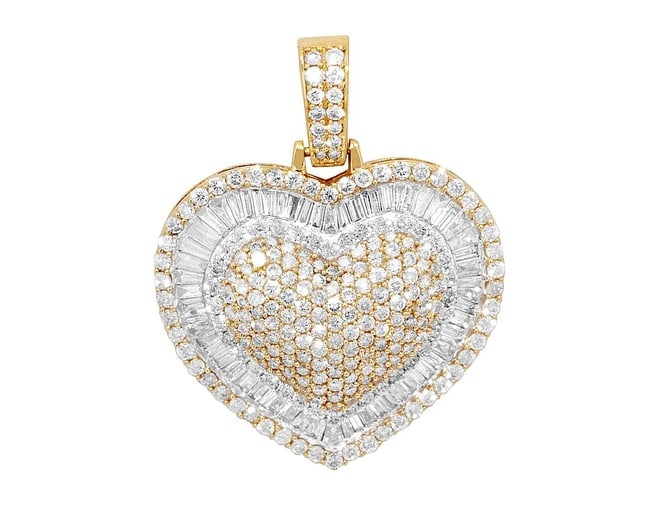 CONCENTRIC HEARTS BAGUETTE DIAMOND PENDANT GOLD: Concentric Hearts Baguette Diamond Pendant Gold Brand: None Type/Style: Pendant Material: 10kYellow Gold White Gold, Main Stone/Creation Natural Color: Yellow Gold, White Gold Size: Dimension L 1.4" W