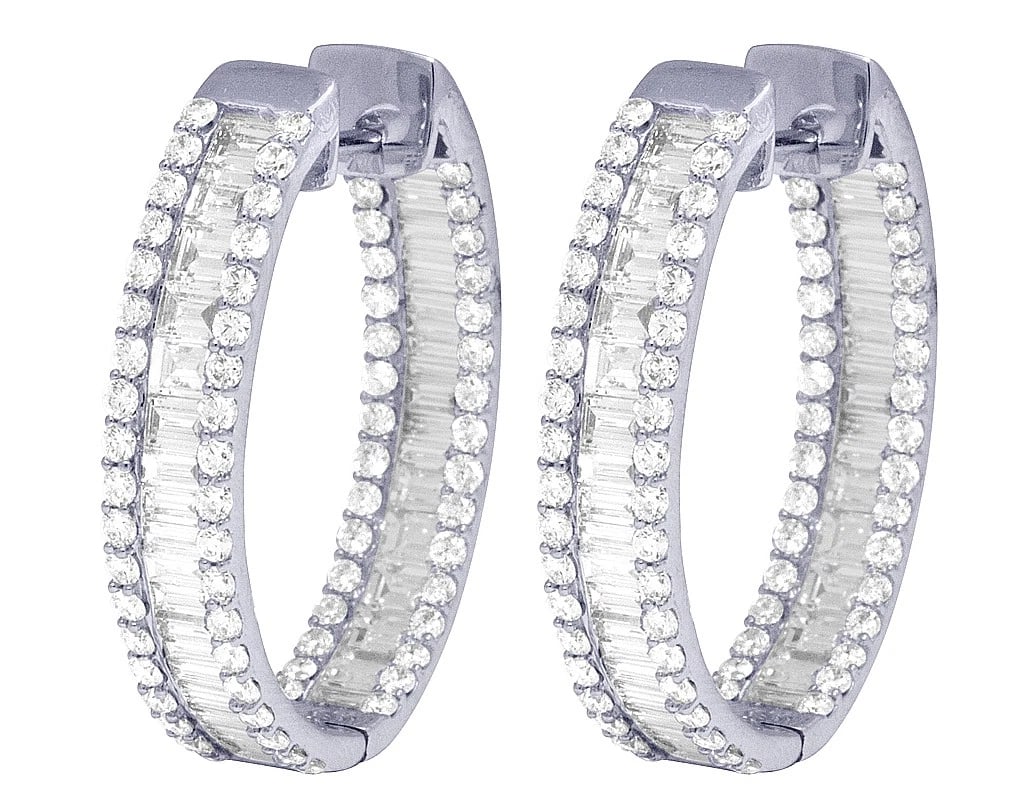 14K WHITE GOLD GENUINE DIAMOND INSIDE-OUT BAGUETTE HOOP EARRINGS: 14K White Gold Genuine Diamond Inside-Out Baguette Hoop Earrings Brand: None Type/Style: Earring Material: 14K White Gold, Main Stone/Creation Natural Color: White Gold Size: Dimension 6MM, 1.1" A