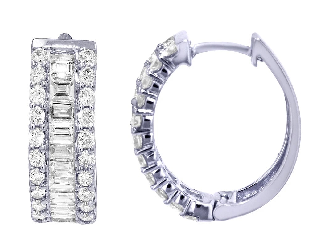 BAGUETTE 3CT DIAMOND 14K WHITE GOLD HOOP EARRINGS: Baguette 3CT Diamond 14K White Gold Hoop Earrings Brand: None Type/Style: Earring Material: 14K White Gold, Main Stone/Creation Natural Color: White Gold Size: Dimension 7.8MM 0.8" Accessories: No