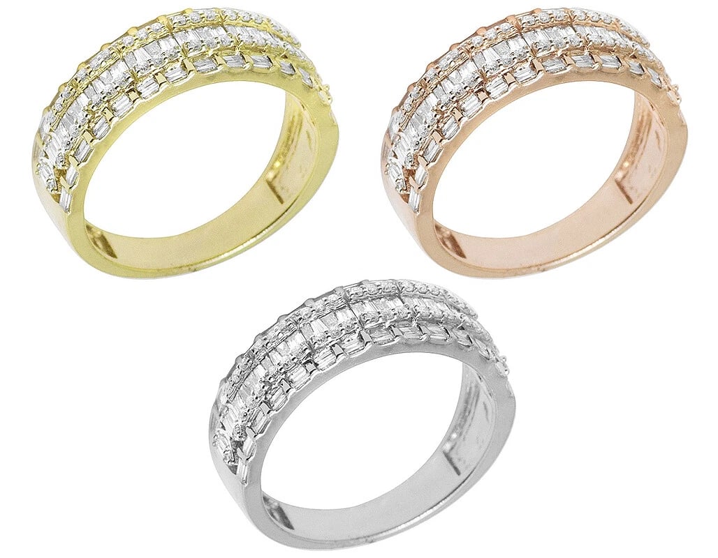 THREE ROW BAGUETTE DIAMOND BAND RING GOLD: Three Row Baguette Diamond Band Ring Gold Brand: None Type/Style: Ring Material: 10K White Gold, Main Stone/Creation Natural Color: White Gold Size: 9US Accessories: None Accessories Notic