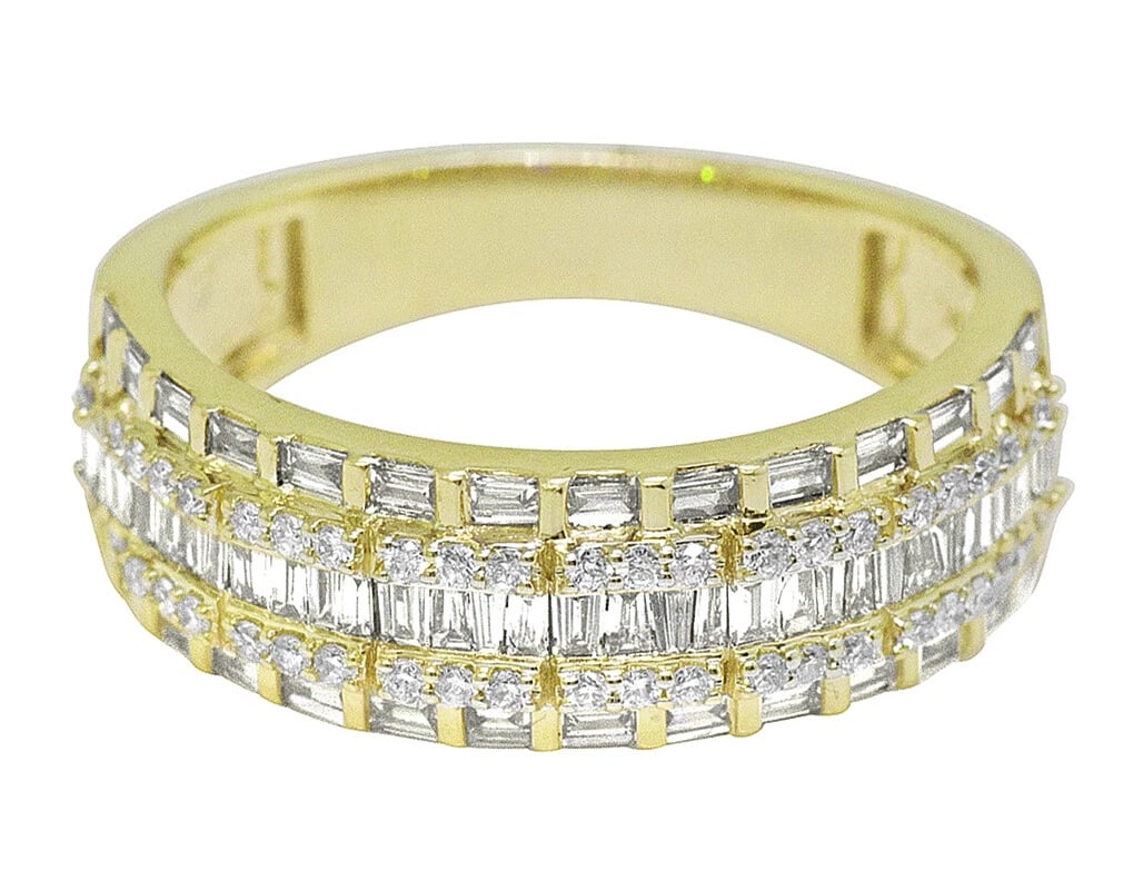 THREE ROW BAGUETTE DIAMOND BAND RING Yellow Gold: Three Row Baguette Diamond Band Ring Yellow Gold Brand: None Type/Style: Ring Material: 10K Yellow Gold, Main Stone/Creation Natural Color: Yellow Gold Size: 9US Accessories: None Accessor