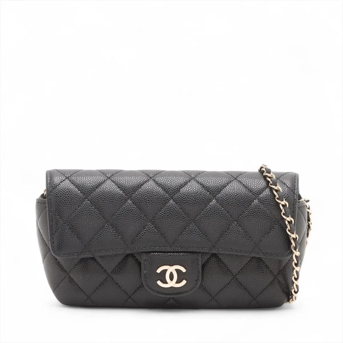 CHANEL MATELASSE GRAINED CALFSKIN CHAIN SHOULDER BAG: Chanel Matelasse Grained Calfskin Chain Shoulder Bag Brand: Chanel Type/Style: Shoulder bag Material: Caviar Skin Color: Black Size: Height:3.7inchLength:7.1inchDepth:1.6inch Accessories: None