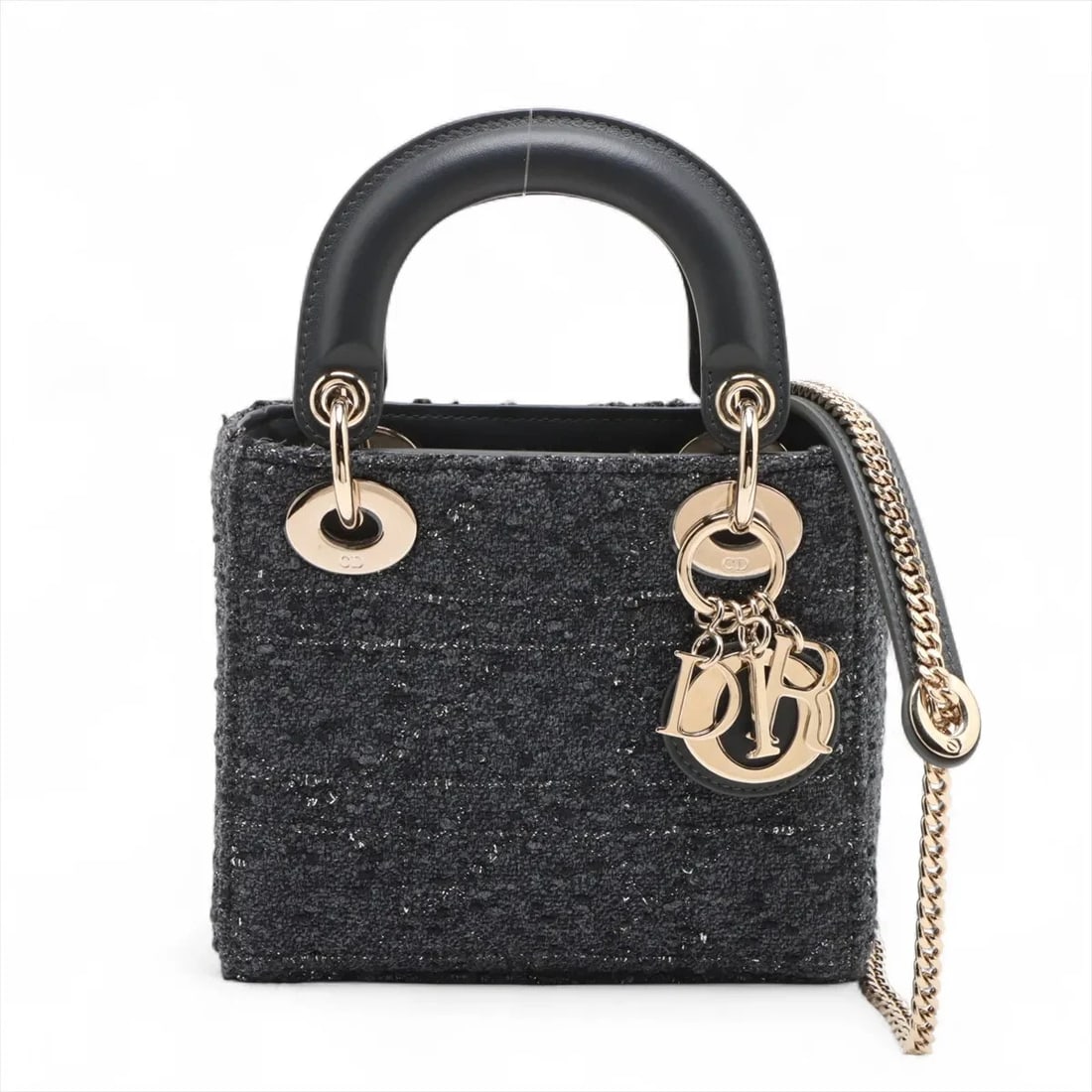 CHRISTIAN DIOR LADY DIOR TWEED X LEATHER 2 WAY HANDBAG: Christian Dior Lady Dior tweed x leather 2 Way Handbag Brand: Christian Dior Type/Style: Hand bag Material: Tweed x Leather Color: Gray Size: Height:5.7inch Length:6.7inch Depth:3.1inch Handle height: