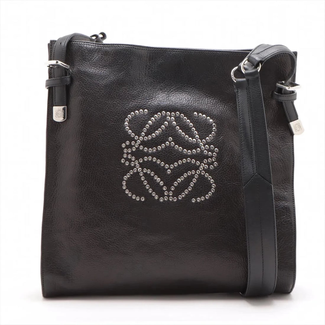 LOEWE ANAGRAM LEATHER X STUDS SHOULDER BAG: Loewe Anagram leather x studs Shoulder Bag Brand: Loewe Type/Style: Shoulder bag Material: leather x studs Color: Black Size: Height:13.4inchLength:12.4inchDepth:1.6inch Accessories: None