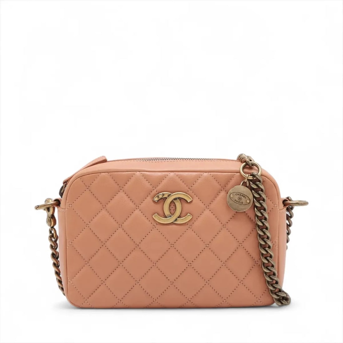 CHANEL MATELASSE LAMBSKIN CHAIN SHOULDER BAG: Chanel Matelasse Lambskin Chain Shoulder Bag Brand: Chanel Type/Style: Shoulder bag Material: Lambskin Color: Orange Size: Height:5.3inchLength:8.1inchDepth:2.2inch Accessories: None Acces